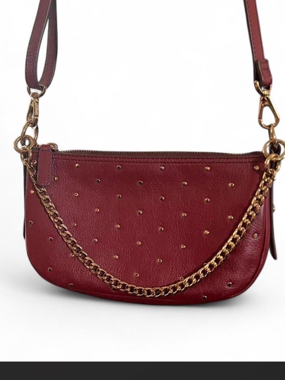 FOSSIL Jolie Women's Studded Crossbody Bag in Burgundy with Gold Chain